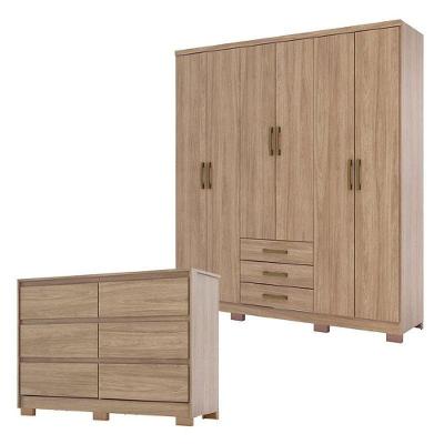 Cômoda Ravenna E Guarda Roupa Casal City 6 Portas Jequitibá Brilho - Henn