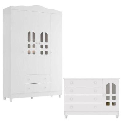 Cômoda Selena E Guarda Roupa Infantil New Selena 4 Portas Branco Brilho – Carolina Móveis