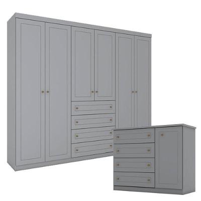Cômoda E Guarda Roupa Casal 6 Portas Americano Cinza – Henn