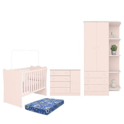 Dormitório Infantil Doce Sonho 2 Portas, Cômoda 1 Porta E Berço Rosa Acetinado Com Colchão - Qmovi Rosa Acetinado