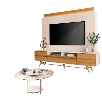 Estante Home Theater Nobre Off White Cinamomo E Mesa De Centro Sky Com Tampo De Vidro Off White– Hb Móveis