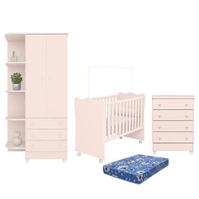 Dormitório Doce Sonho 2 Portas, Cômoda 4 Gavetas E Berço Rosa Acetinado Com Rodízio E Colchão - Qmovi Rosa Acetinado