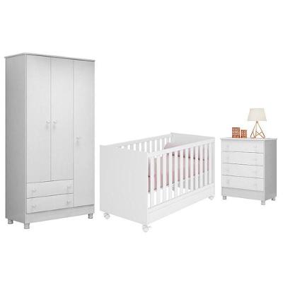 Dormitório Doce Sonho 3 Portas, Cômoda 4 Gavetas E Berço Mini Cama Branco Com Rodízio - Qmovi Branco