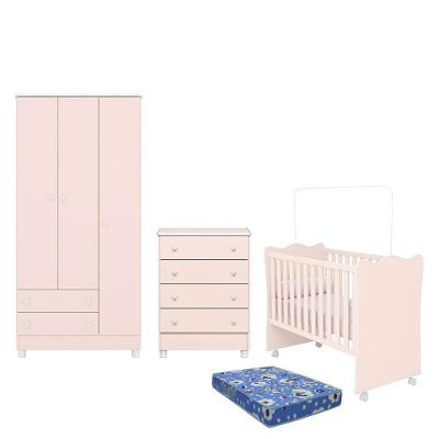 Dormitório Doce Sonho 3 Portas, Cômoda 4 Gavetas, Berço Rosa Acetinado Com Rodízio E Colchão - Qmovi Rosa Acetinado