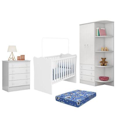 Dormitório Infantil Doce Sonho 2 Portas, Cômoda 4 Gavetas E Berço Branco Com Colchão - Qmovi Branco