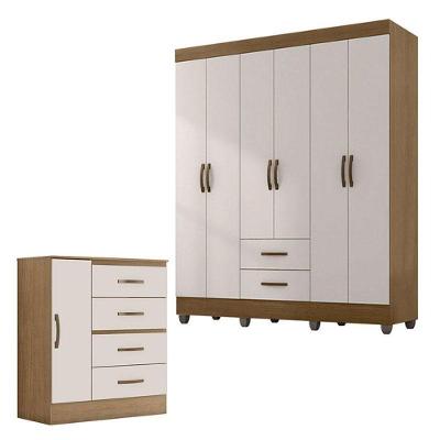 Guarda Roupa Casal 6 Portas E Cômoda 4 Gavetas 01 Porta Lite Nature Off White – Móveis Leão