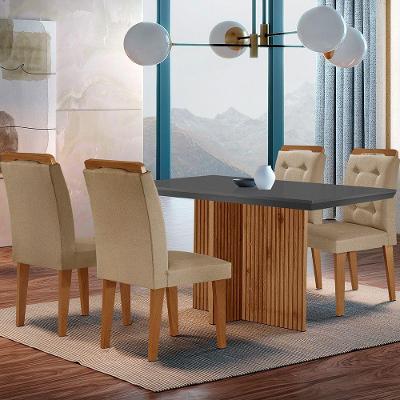Sala De Jantar Mesa Olimpia 120cm Mdf Vidro Canto Copo Com 4 Cadeiras Turim / Grafite / Imbuia