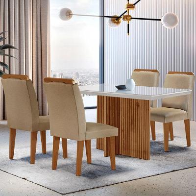 Sala De Jantar Mesa Olimpia 120cm Mdf Vidro Canto Reto Com 4 Cadeiras Turim / Off White / Imbuia