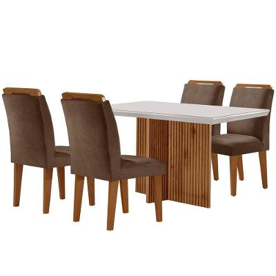 Sala De Jantar Mesa Olimpia 120cm Mdf Vidro Canto Reto Com 4 Cadeiras Marrom, Off White E Imbuia