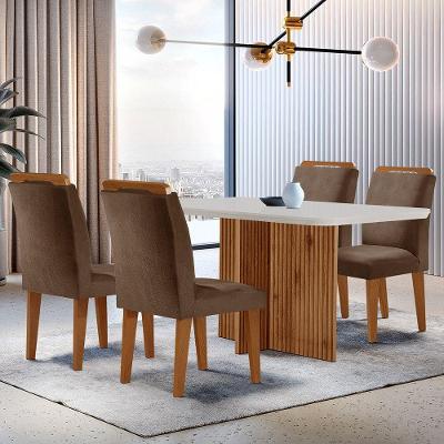 Sala De Jantar Mesa Olimpia 120cm Mdf Canto Reto Com 4 Cadeiras Athenas Marrom, Off White E Imbuia
