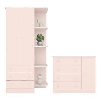 Jogo De Quarto Infantil Doce Sonho Guarda Roupa 2 Portas E Cômoda 1 Porta Rosa Acetinado - Qmovi Rosa Acetinado