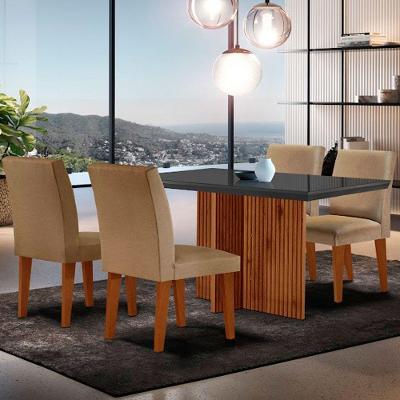 Sala De Jantar Mesa Olimpia 120mm Mdf Vidro Canto Reto Com 4 Cadeiras Turim/grafite/imbuia Ripado
