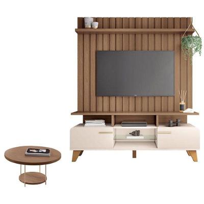 Rack Bancada Essenza E Painel Link 1.6 Com Mesa De Centro Sky Off White Castanho – Hb Móveis