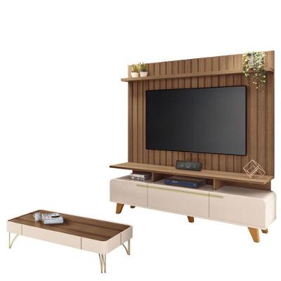 Rack Bancada Essenza E Painel Link 2.0 Com Mesa De Centro Cadenza Off White Castanho – Hb Móveis