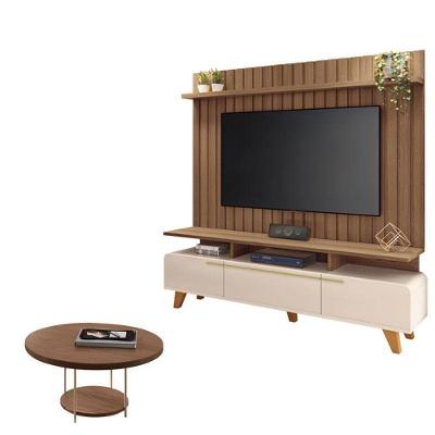 Rack Bancada Essenza E Painel Link 2.0 Com Mesa De Centro Sky Off White Castanho – Hb Móveis