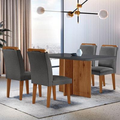 Sala De Jantar Mesa Olímpia 120cm Mdf Vidro Canto Copo Com 4 Cadeiras Athenas Grafite Com Imbuia
