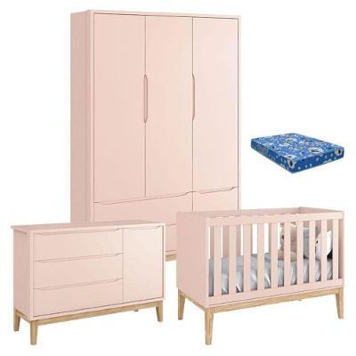 Quarto De Bebê Classic 3 Portas Com Colchão Rosa Pés Madeira Natural ? Reller