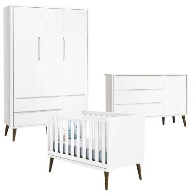Quarto De Bebê Theo 3 Portas Com Cômoda Com Porta Branco Acetinado Com Pés Amadeirado - Reller
