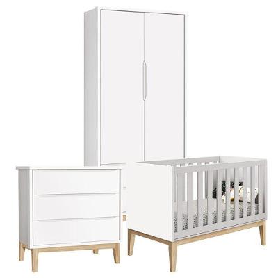 Quarto De Bebê Classic 2 Portas Branco Com Pés Madeira Natural ? Reller