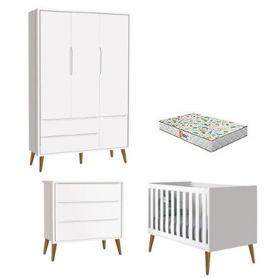 Quarto De Bebê 3 Portas E Cômoda Gaveteiro Theo Branco Pés Amadeirados Com Colchão Gazin ? Reller