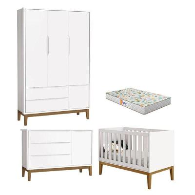 Quarto De Bebê 3 Portas New Classic Branco Com Pés Madeira E Colchão Gazin ? Reller