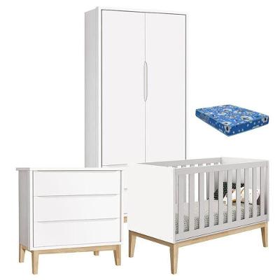 Quarto De Bebê Classic 2 Portas Com Colchão E Cômoda Gaveteiro Branco Pés Madeira Natural ? Reller