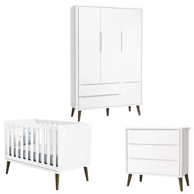 Quarto De Bebê Theo 3 Portas Branco Acetinado Com Pés Amadeirado - Reller