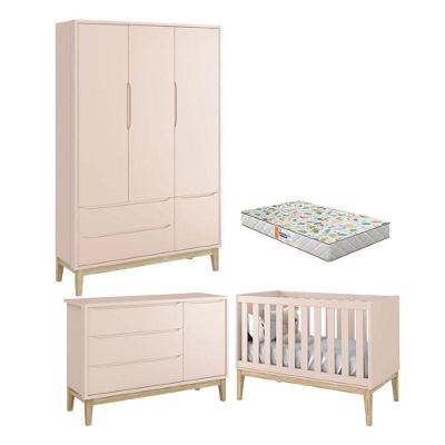 Quarto De Bebê 3 Portas New Classic Rosa Com Pés Madeira Natural E Colchão Gazin ? Reller