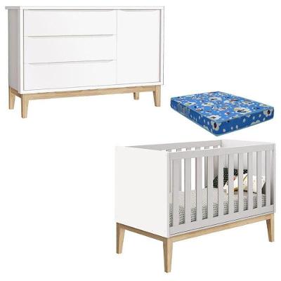 Berço Americano Com Colchão E Cômoda Classic Branco Pés Madeira Natural ? Reller