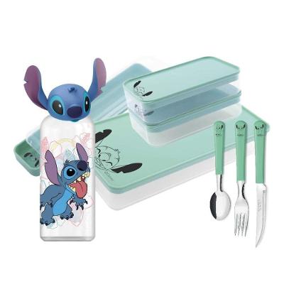 Conjunto Para Lancheira Infantil Stitch Disney 8 Peças Estojo, Potes, Talheres E Garrafa 3d