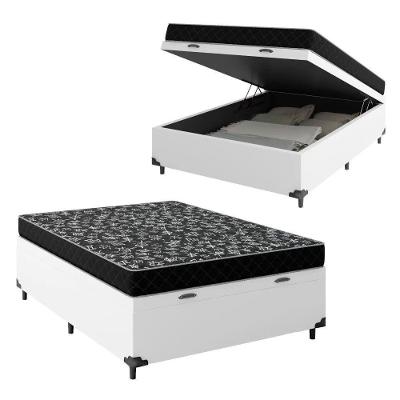 Cama Box Baú Viúva 128 Tecido Sintético Branco Com Colchão Espuma D20 - Tampo Preto Bello Box 12cm