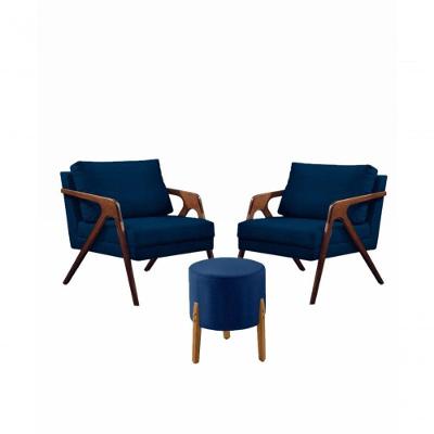 Conj. 2 Mona Com 1 Puff Madeira Maciça Veludo Moderna Cor:azul