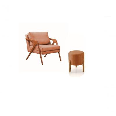 Conj. 1 Mona Com 1 Puff Pés De Madeira Maciça Linho Cor:terracota