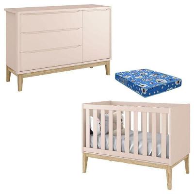 Berço Americano Com Colchão E Cômoda Classic Rosa Pés Madeira Natural ? Reller