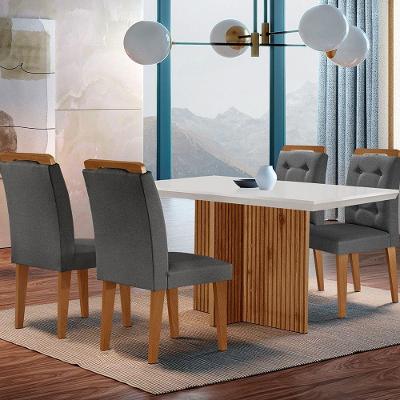 Sala De Jantar Mesa Olímpia 120cm Mdf Canto Reto Com 4 Cadeiras Carol Grafite, Off White E Imbuia