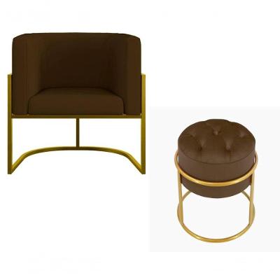 Kit Poltrona Decorativa Luxo Base De Metal Dourada E Puff Capitone Suede Marrom Eli Móveis E Decoração