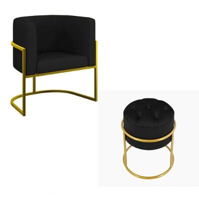 Kit Poltrona Decorativa Luxo Base De Metal Dourada E Puff Capitone Suede Preto Eli Móveis E Decoração