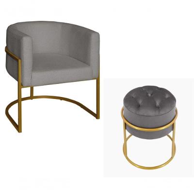 Kit Poltrona Decorativa Luxo Base De Metal Dourada E Puff Capitone Suede Prata Eli Móveis E Decoração