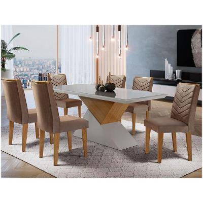Mesa Tampo Mdf E Vidro 6 Cadeiras Marrom, Off White E Imbuia