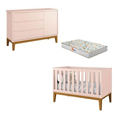 Berço Americano E Cômoda New Classic Rosa Com Pés Madeira E Colchão Gazin ? Reller