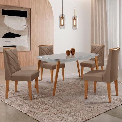 Mesa De Jantar Copper 120cm Mdf Vidro Com 4 Cadeiras Moderna Veludo Capuccino/off/nat/serig Off