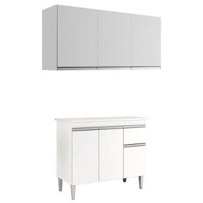 Balcão De Cozinha Tatiane Com Tampo 100cm E Armário Aéreo Andréia 3 Portas Branco Brilho - Ajl