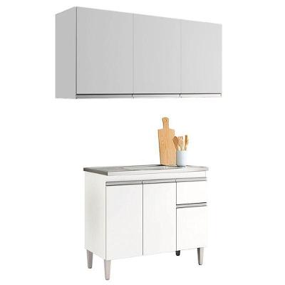 Balcão De Pia Tatiane 100cm E Armário Aéreo Andréia 3 Portas Branco Brilho - Ajl