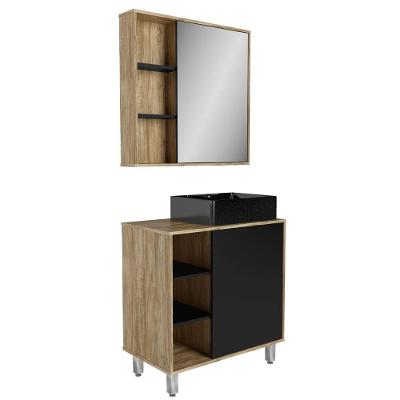 Gabinete Banheiro Com Cuba E Espelheira 80Cm Multimóveis Vcr10067 Carvalho Cartagena/Preto