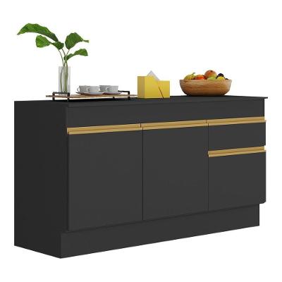 Balcão Cozinha Gabinete Pia 150cm Com Rodapé 3 Portas 1 Gaveta Veneza Multimóveis V2107 Preto/dourado Preto/dourado