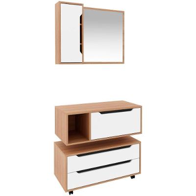 Kit Gabinete Balcão E Espelheira De Banheiro 80 Cm Karina Amêndoa-branco