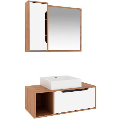 Kit Gabinete E Espelheira De Banheiro 80 Cm Com Cuba Karina Amêndoa-branco