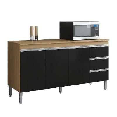 Balcão De Cozinha Andréia 150cm 3 Portas 3 Gavetas Com Tampo - Ajl Móveis Amêndoa Preto