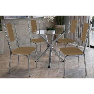 Sala De Jantar Completa Volga C- Tampo De Vidro 95cm E 4 Cadeiras Lisboa Cromada - Courano Capuccino - Kappesberg