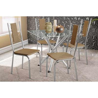 Sala De Jantar Completa Volga C- Tampo De Vidro 90cm E 4 Cadeiras Lisboa Cromada - Capuccino - Kappesberg